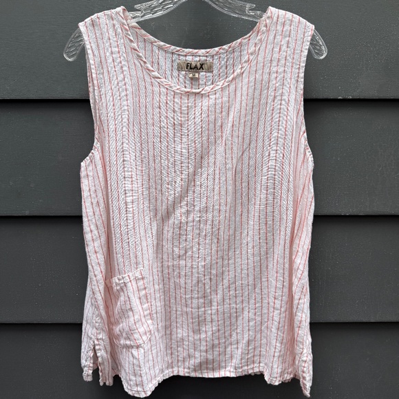 FLAX  Women's Pink and White Striped Tank Top with Pocket - Picture 1 of 5